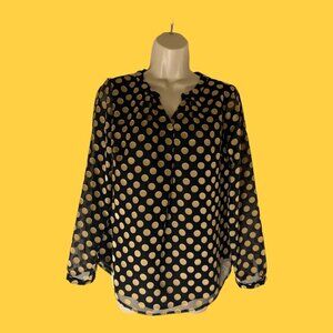 Talbots SP Women’s Blk &Gold Polka Dot Long Sleeve Blouse, M